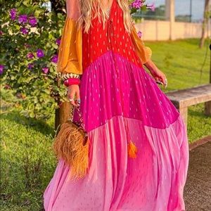 VChics Vacation V Neck Color Block Maxi Dress